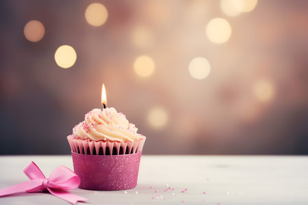 Birthday cupcake with pink buttercream frosting and pink ribbon on bokeh backgroundの素材