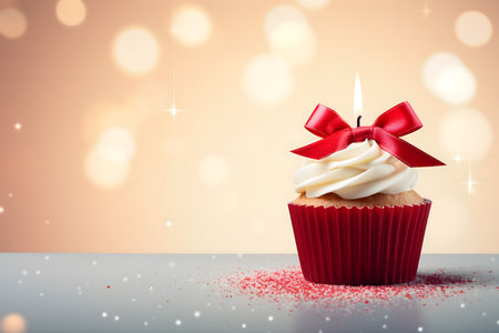 Cupcake with red ribbon and bow on bokeh backgroundの素材