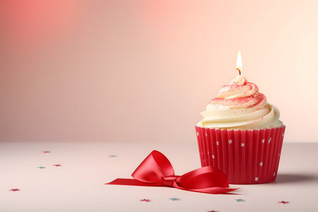 Birthday cupcake with red ribbon and bow on pastel backgroundの素材