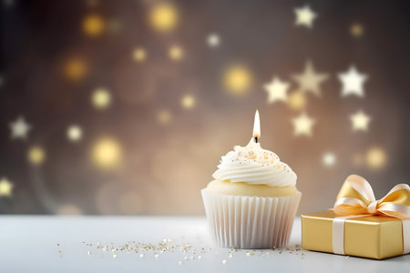 Birthday cupcake with candle and gift box on bokeh backgroundの素材