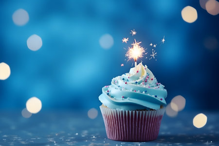 Birthday cupcake with sparkler on blue bokeh backgroundの素材