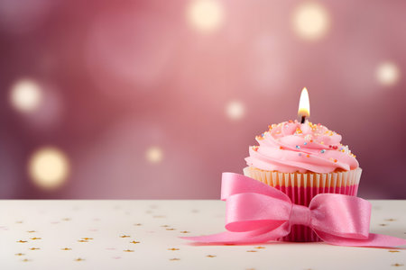 Cupcake with pink buttercream frosting and pink ribbon on bokeh backgroundの素材