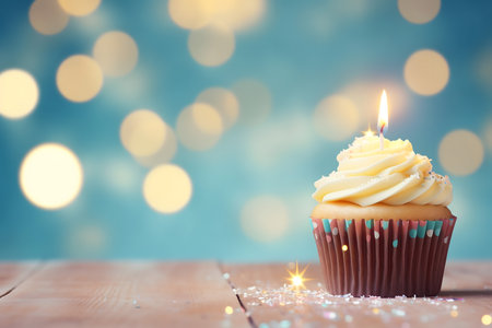 Birthday cupcake with candle on wooden table over bokeh backgroundの素材