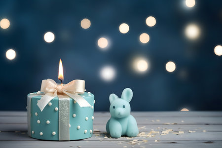 Birthday cake with candle and bunny on wooden table against blurred lightsの素材