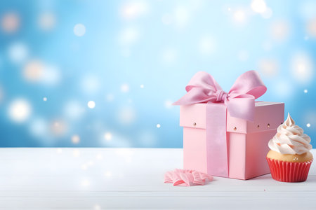 Birthday cupcake with gift box on blue bokeh backgroundの素材