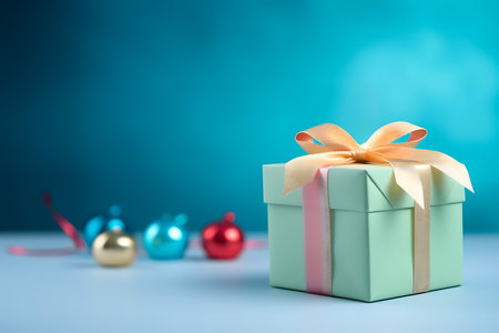 Gift box with ribbon bow and colorful christmas balls on blue backgroundの素材