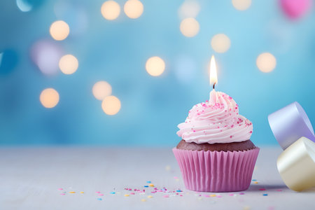 Birthday cupcake with candle on blue bokeh lights backgroundの素材