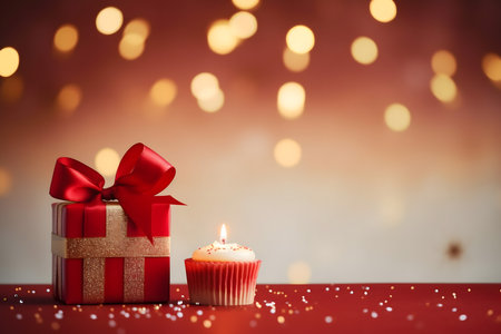 Gift box and cupcake with red ribbon on red table with bokeh backgroundの素材