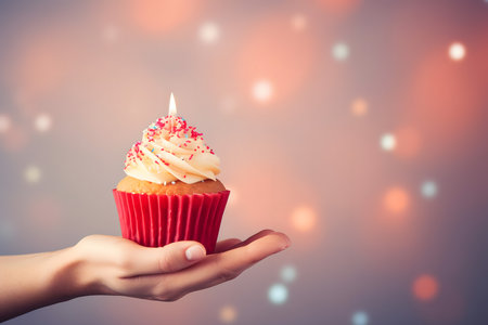 Closeup of female hand holding cupcake with candle on bokeh backgroundの素材