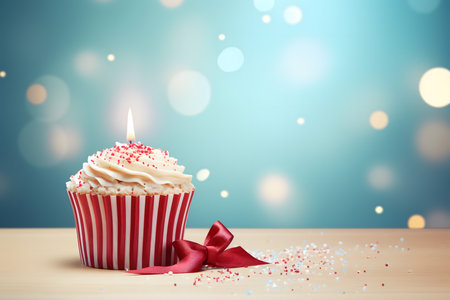 Birthday cupcake with red ribbon on blue bokeh backgroundの素材
