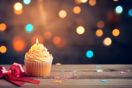 Cupcake with candle on wooden table and bokeh backgroundの素材