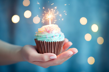Closeup of female hand holding birthday cupcake with sparkler over bokeh backgroundの素材