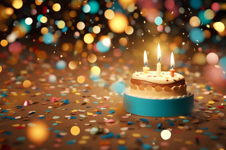 Birthday cake with burning candles on bokeh background, closeupの素材
