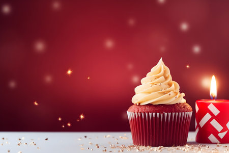 Birthday cupcake with candle on red background with bokehの素材