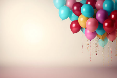 Colorful balloons with ribbons on pink background. 3D Renderingの素材