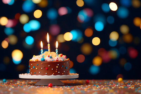 Birthday cake with burning candle on bokeh background, closeupの素材