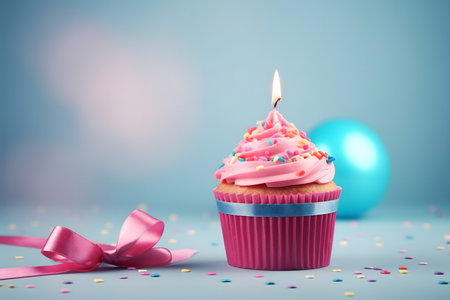 Birthday cupcake with pink buttercream frosting and blue balloon on blue backgroundの素材