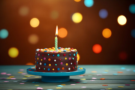 Birthday cake with burning candle on wooden table against defocused lightsの素材
