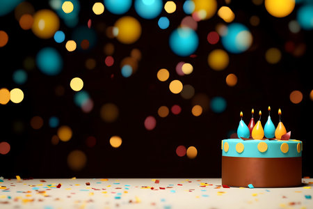 Birthday cake with burning candles on dark background with bokehの素材