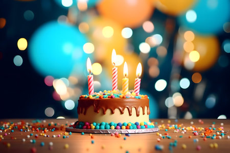 Birthday cake with burning candles on bokeh background, closeupの素材