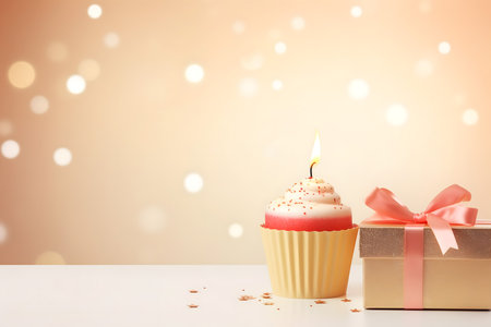 Birthday cupcake with candle and gift box on bokeh backgroundの素材