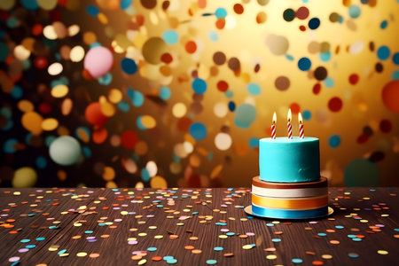 Birthday cake with candles and confetti on bokeh backgroundの素材