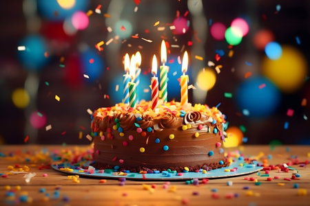 Birthday cake with burning candles and confetti on bokeh backgroundの素材