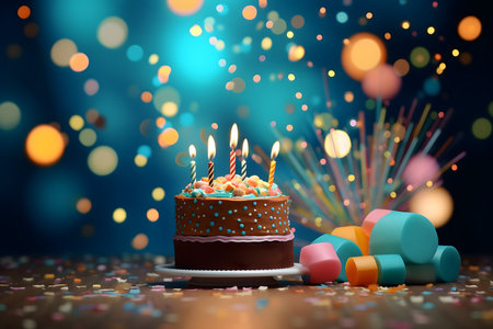 Birthday cake with candles and confetti on colorful bokeh backgroundの素材