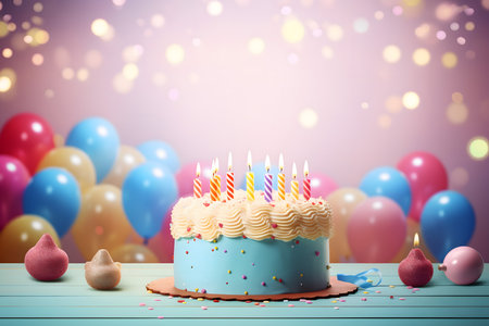 Birthday cake with burning candles and balloons on bokeh backgroundの素材