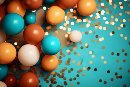 Colorful balloons and confetti on blue background. 3d renderingの素材