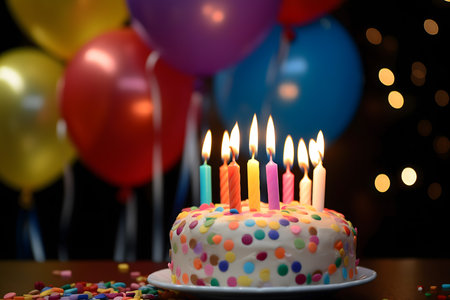 Birthday cake with candles and balloons on blurred background, closeupの素材