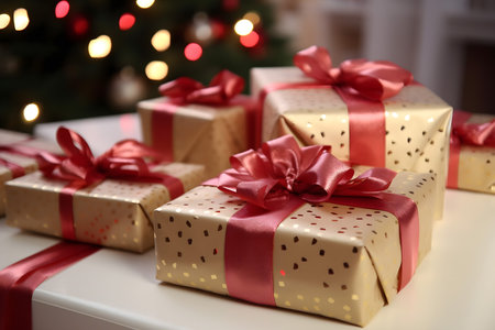 Beautiful gift boxes with bows on table in room decorated for Christmasの素材