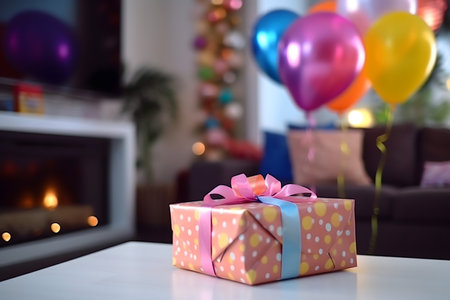 Gift box with colorful ribbons on table in living room at homeの素材