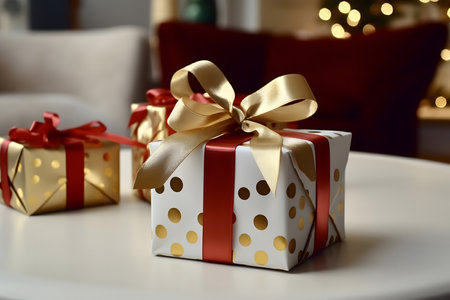 Beautiful gift boxes on table in room decorated for Christmas, closeupの素材