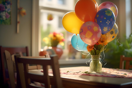 Colorful balloons in a vase on the table in a cafeの素材