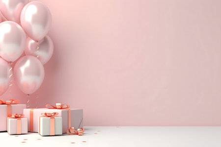 3d render of pink background with gift boxes, balloons and confettiの素材