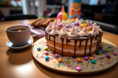 Chocolate cake on a wooden table with cup of coffee in the backgroundの素材