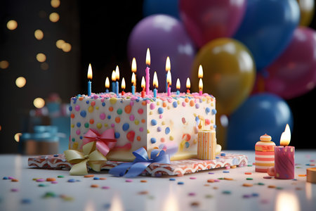 Birthday cake with candles and confetti on table against blurred backgroundの素材