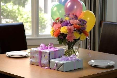 Beautiful bouquet of flowers and gift boxes on the table at homeの素材