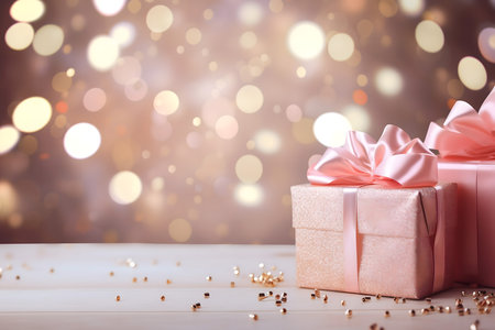 Gift boxes on bokeh background. Christmas and New Year conceptの素材