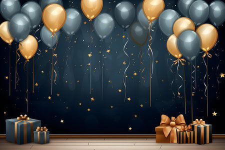 Birthday party background with balloons and gift boxes. Vector illustration.の素材