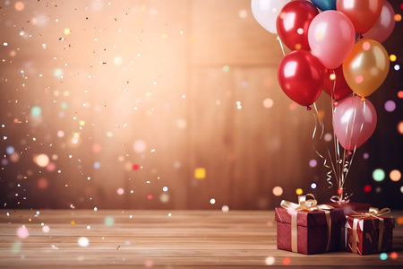 Gift box and balloons on wooden table against bokeh backgroundの素材