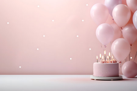 Birthday cake with candles and balloons on pink background. 3D Renderingの素材