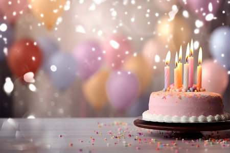 Birthday cake with burning candles on blurred background, space for textの素材