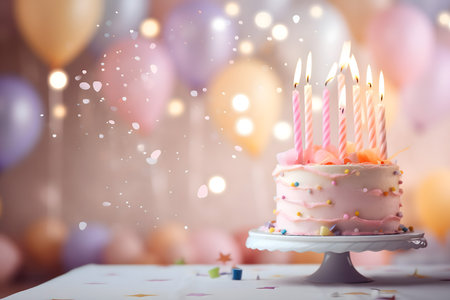 Birthday cake with burning candles and colorful balloons on bokeh backgroundの素材