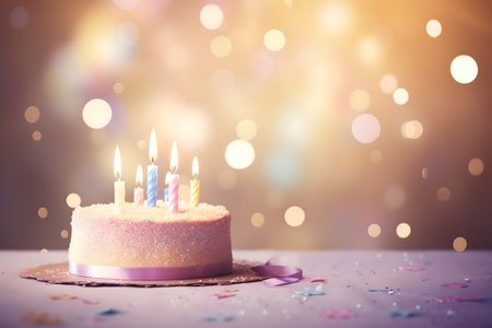 Birthday cake with burning candles and confetti on bokeh backgroundの素材