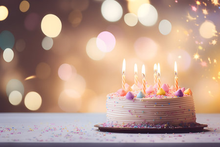 Birthday cake with burning candles on bokeh background, closeupの素材