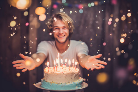 Happy young man blowing out the candles on a birthday cake on a dark backgroundの素材