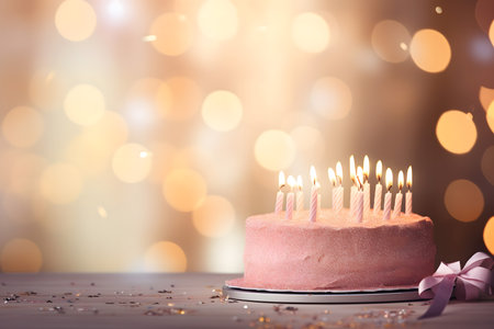 Birthday cake with burning candles on bokeh background, closeupの素材