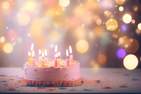 Birthday cake with burning candles on bokeh background, closeupの素材